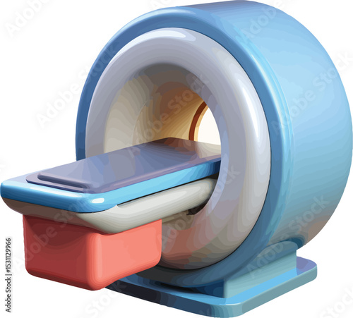 A detailed 3D rendering of an MRI machine, showcasing its sleek design and advanced technology