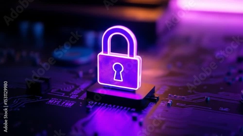 Digital security hologram of virtual key icon on circuit board. Financial data privacy concept and VPN service protection. Blockchain background and secure crypto wallet. 4k video