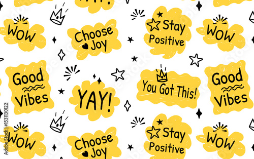 Seamless vector pattern with hand-drawn yellow text clouds and positive quotes. Fun and motivational doodle style design for packaging, gift wrap, posters, planners, greeting cards, social media