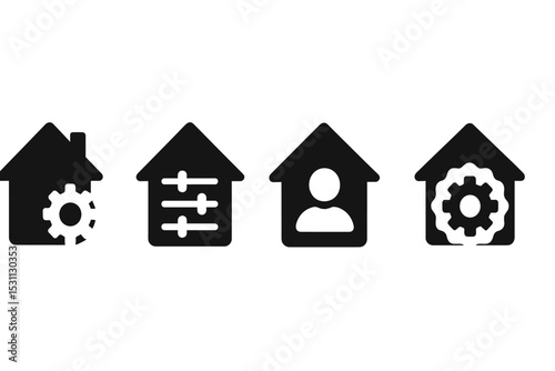 Home Customization Icons. Solid style icons of customizable home: home with gear, settings in house icon, user home preference,