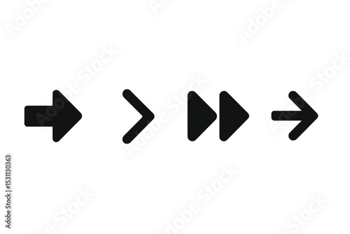 Forward Navigation Icons. Solid style icons of forward navigation: arrow pointing right, chevron right, forward button icon, next