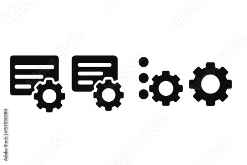 Menu and Gear Icons. Solid style icons of menu and gear combos: dropdown with gear, settings in menu, three dots with gear,
