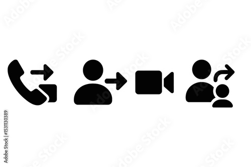 Video Call Icons. Solid style icons of video call tools: call forward, switch to participant icon, move to next speaker, handover