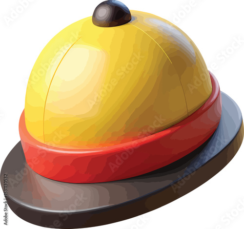A vibrant yellow and red three-tiered hat with a dark brown base and a black knob on top.