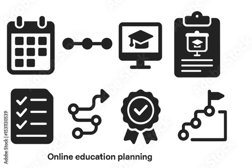 Online Education Icons. Solid style icons of online education planning: calendar grid, timeline icon, scheduling block, lesson