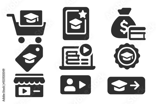 Education Shopping Icons. Solid style icons of shopping for education: course cart, premium content icon, checkout education pack,