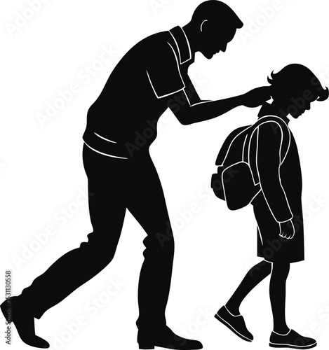 Father Helping Child with Backpack Silhouette Logo Design – Caring Family Icon Symbolizing Support, Guidance, and Preparedness for Parenting Brands, Educational Services, and Family Programs