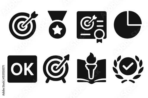 Achievement Solid Icons. Solid style icons of goals and achievement: bullseye goal icon, milestone badge, target certificate,