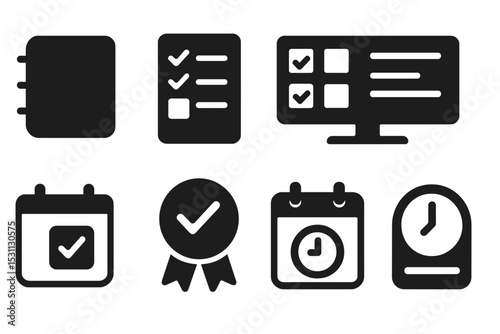 Remote Task Planning Icons. Solid style icons of planning tasks remotely: notebook icon, daily plan, task grouping, work schedule,
