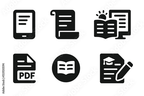 Reading Feature Icons. Solid style icons of reading features: ebook icon, scroll content, reading mode, doc viewer, PDF icon, open