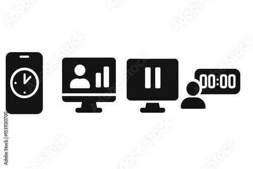 Screen Time Icons. Solid style icons of screen time tracking: mobile with smart timer, screen with user graph, pause icon on