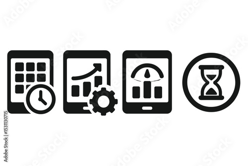 Screen Time Icons. Solid style icons of screen time tracking: time control grid, usage optimizer icon, session summary view, focus