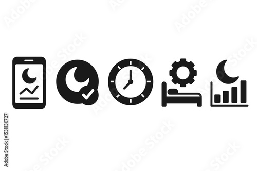 Sleep Analytics Icons. Solid style icons of sleep analytics: mobile app with sleep stats, sleep quality indicator, hour-based