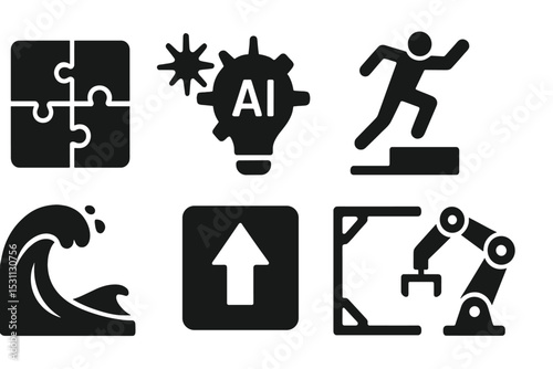 AI Innovation Icons. Solid style icons of AI innovation: innovation puzzle, spark gear, AI bulb, concept jump. Solid style of
