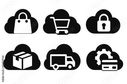 Cloud Ecommerce Icons. Solid style icons of cloud shopping: shopping bag, online cart, wishlist cloud, secure checkout. Solid