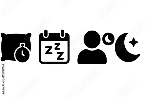 Bedtime Icons. Solid style icons of bedtime reminder: pillow icon with timer, sleep schedule symbol, user with bedtime icon, night