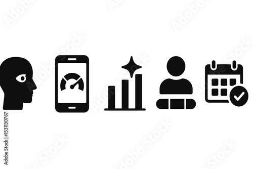 Attention Tracking Icons. Solid style icons of attention score: head with focus beam icon, mobile attention level meter, stats