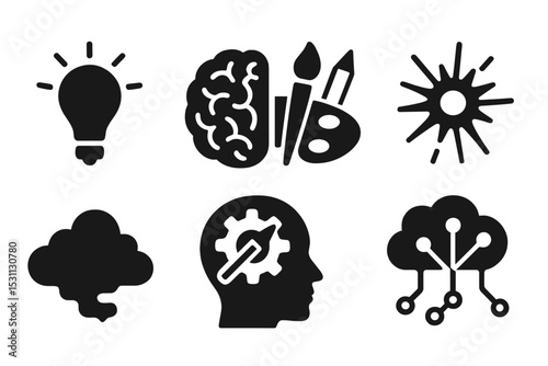 AI Creativity Icons. Solid style icons of AI creativity: idea bulb, brainwave spark, creative tools, concept flash. Solid style of