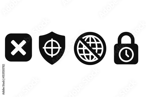 Focus Shield Icons. Solid style icons of distraction blocker: crossed app icon, focus shield symbol, blocked website badge, pop-up