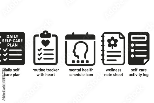 Self-Care Planner Icons. Solid style icons of self-care planner: daily self-care plan, routine tracker with heart, mental health