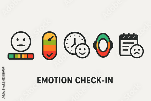 Emotion Check-In Icons. Solid style icons of emotion check-in: user face with scale, color-coded emotion tracker, check-in timer