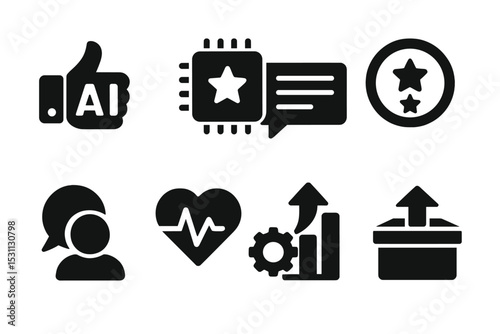 AI Feedback Icons. Solid style icons of AI feedback: thumbs AI, review chip, feedback popup, rating circle. Solid style of user