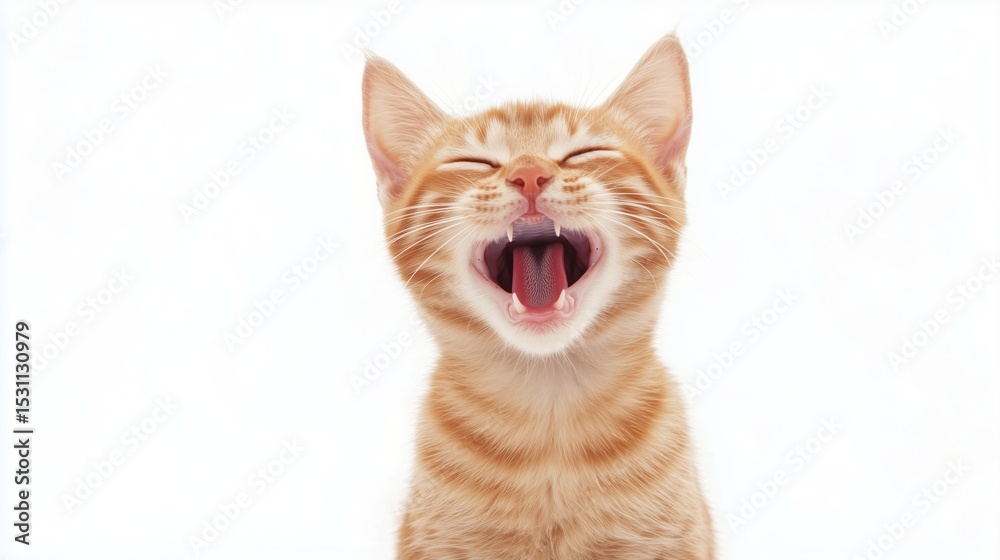 Obraz premium Happy orange cat yawning joyfully with a bright white background in a cozy indoor setting