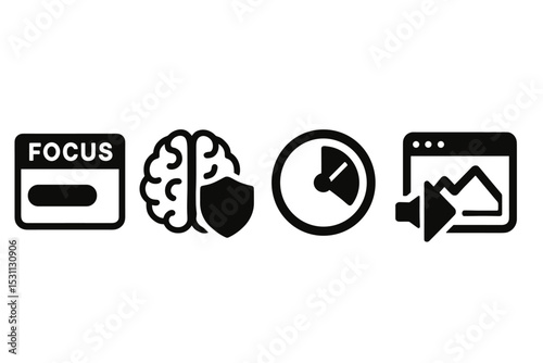 Deep Work Icons. Solid style icons of deep work session: timer bar with focus tag, brain with shield icon, session progress meter,