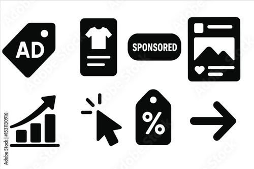 Solid Style Icons. Solid style icons of promoted content: ad tag, product card, sponsored label, promo post. Solid style of reach