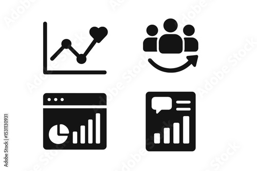 Social Analytics Icons. Solid style icons of social analytics: engagement graph, follower curve, performance tab, report card.