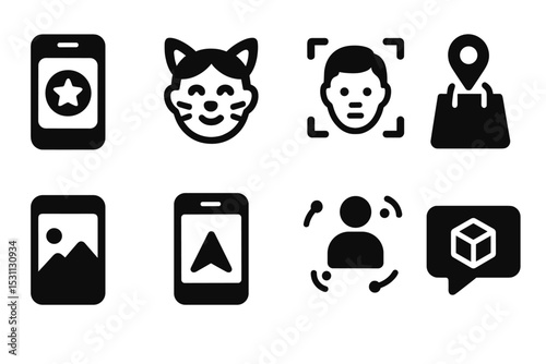 AR Icon Showcase. Solid style icons of AR in social media: AR lens, virtual filter, face overlay, object tag. Solid style of AR