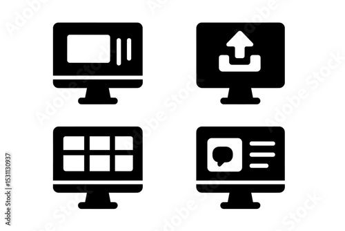 Desktop Tools Icons. Solid style icons of desktop tools for creators: monitor icon, editing panel, upload desktop, software board.
