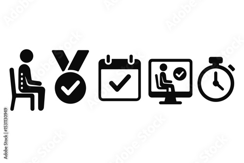 Posture Habit Icons. Solid style icons of posture reminder: person sitting with dotted alignment, good posture medal, daily