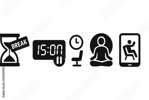 Break Timer Icons. Solid style icons of break timer: hourglass with break tag, digital timer with pause icon, chair with clock