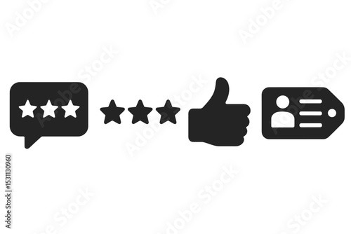 Solid Feedback Icons. Solid style icons of project feedback: comment card, rating stars, thumbs up, review icon. Solid style of