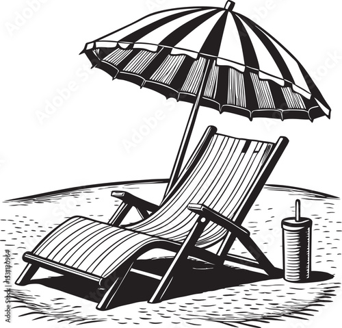 
A series of black and white illustrations featuring a beach chair and umbrella, sometimes accompanied by beach accessories like a drink or a sandcastle.