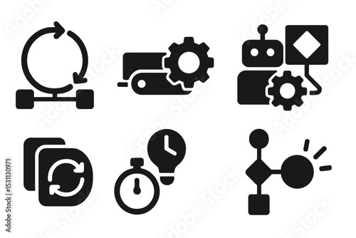 Project Automation Icons. Solid style icons of automation in project management: workflow loop, auto-process, bot gear, rule