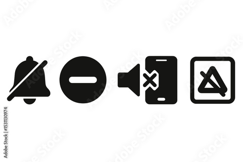 Silent Mode Icons. Solid style icons of silent mode: notification bell crossed out, DND mode badge, sound icon with “x”, silent