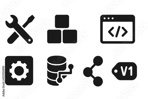 Development Phases Icons. Solid style icons of development phases: dev tools, build blocks, progress bar, coding screen. Solid
