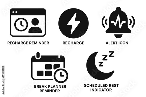 Wellness Recharge Icons. Solid style icons of recharge reminder: wellness popup with clock, recharge badge with spark, alert icon