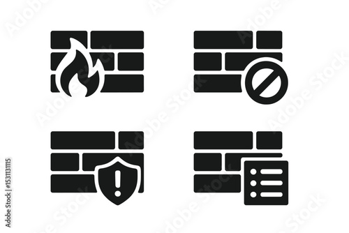 Solid Firewall Icons. Solid style icons of firewalls: firewall wall, blocked access, warning shield, rule panel. Solid style of