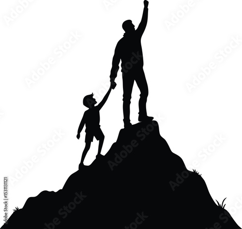 Father and Child Silhouette on Mountain Peak – Powerful Logo Design Symbolizing Achievement, Strength, and Unbreakable Family Bond for Outdoor Brands, Parenting Services, and Motivational Campaigns