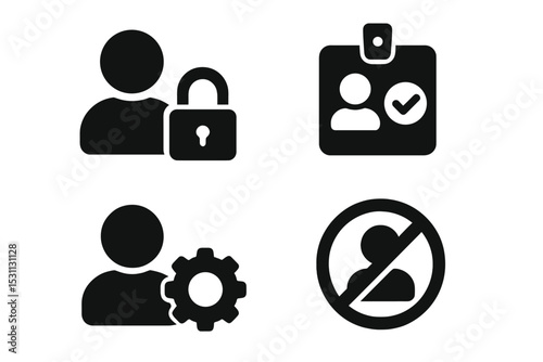 Access Control Icons. Solid style icons of access control: user lock, permission tag, role settings, restricted zone. Solid style