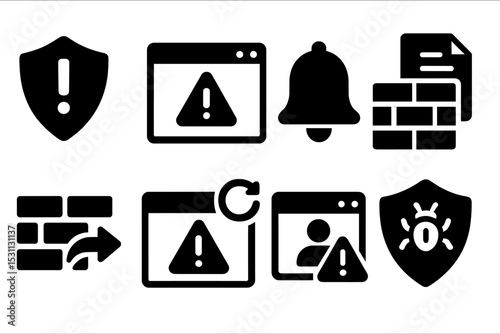 Solid Notification Icons. Solid style icons of notifications: security alert, warning popup, system bell, breach notice. Solid