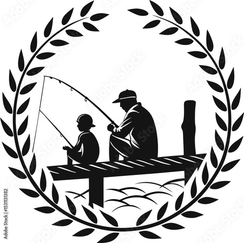 Silhouette of Father and Son Fishing Together Seated by the Water – Peaceful Family Scene Symbolizing Bonding, Patience, and Outdoor Togetherness for Parenting Brands, Outdoor Activities, and Family W