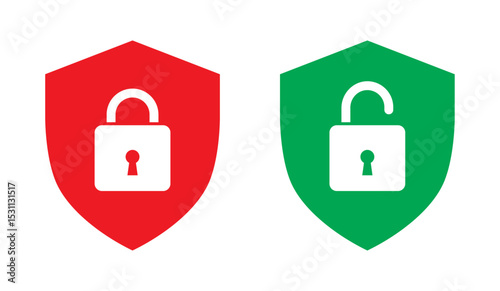 Locked and unlocked padlock in red and green. Shield icon for security, privacy, access denied and approved vector illustration.