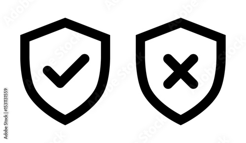 Shield with tick and cross mark security icon set vector illustration in black color outline style.