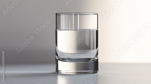 A clear glass filled halfway with water, placed on a smooth surface against a neutral background.