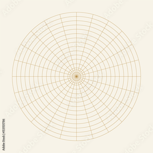 Polar coordinate circular grid isolated on white background. 360 degrees scale. Blank polar graph paper. Vector illustration. Mathematical graph. Lined blank on transparent background.