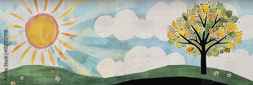 A simple watercolor painting of the sun, clouds, and a tree on a green hill 